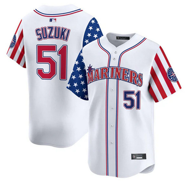 Men's Seattle Mariners #51 Ichiro Suzuki White 2025 Independence Day Limited Stitched jersey Men's Seattle Mariners #51 Ichiro Suzuki White 2025 Independence Day Limited Stitched jersey